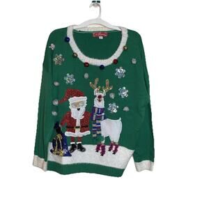Womens XL Ugly Christmas Sweater Llama Reindeer Santa Green Sequins Jingle Bells